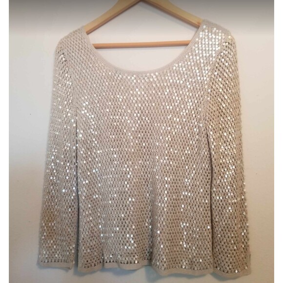 Sigrid Olsen Blouse Cream Beige Party Women's Sequins Hand Knitted Top M - Picture 11 of 12